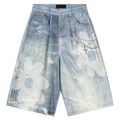 Floral Print Chain Cropped Denim Jeans WN23558