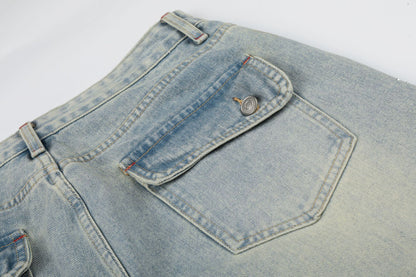 Washed Paint Studs Detail Wide Leg Denim Jeans WN25418