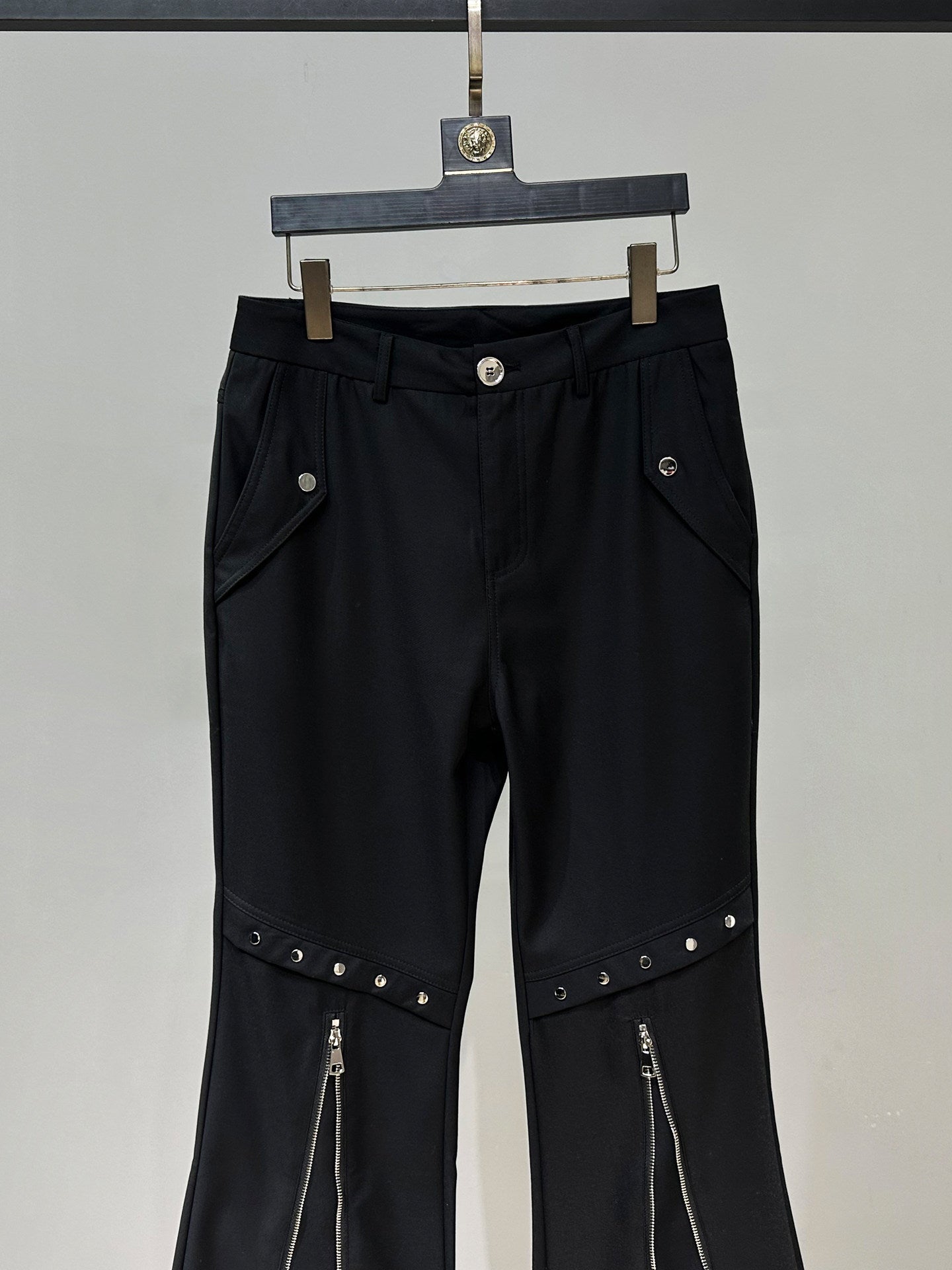 Studs Zipper Wide Leg Flare Trousers WN23951