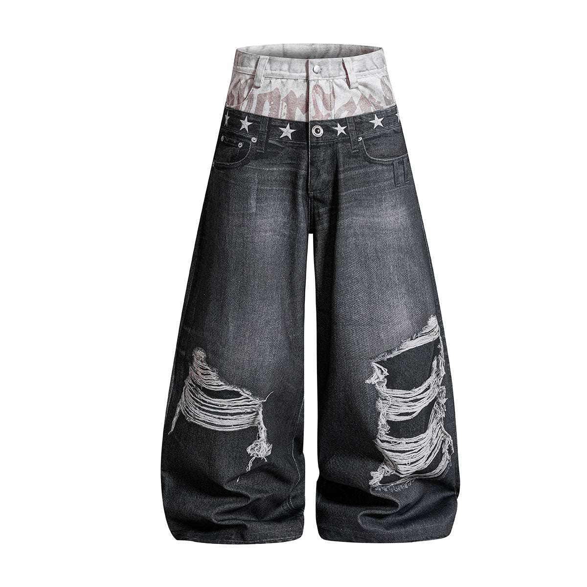 Star Damage Washed Wide Leg Denim Jeans WN25519