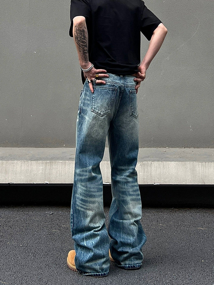 Ice Blue Lightning Pattern Flare Denim Jeans WN19467