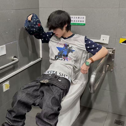 Raglan Star Graphic Print Short Sleeve T-Shirt WN27419
