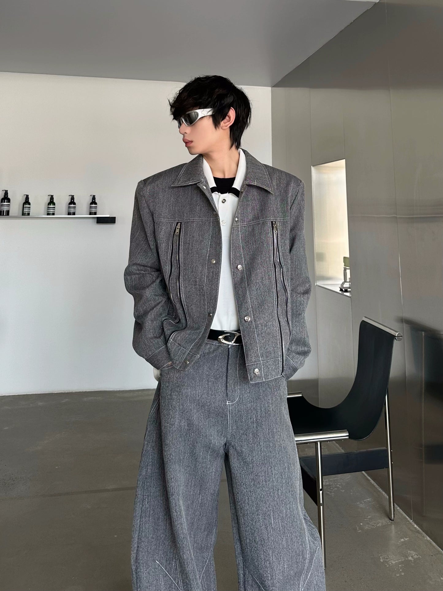 Zipper Design Jacket & Curved Wide Leg Pants Setup WN16769