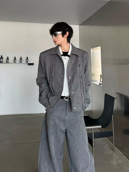 Zipper Design Jacket & Curved Wide Leg Pants Setup WN16769