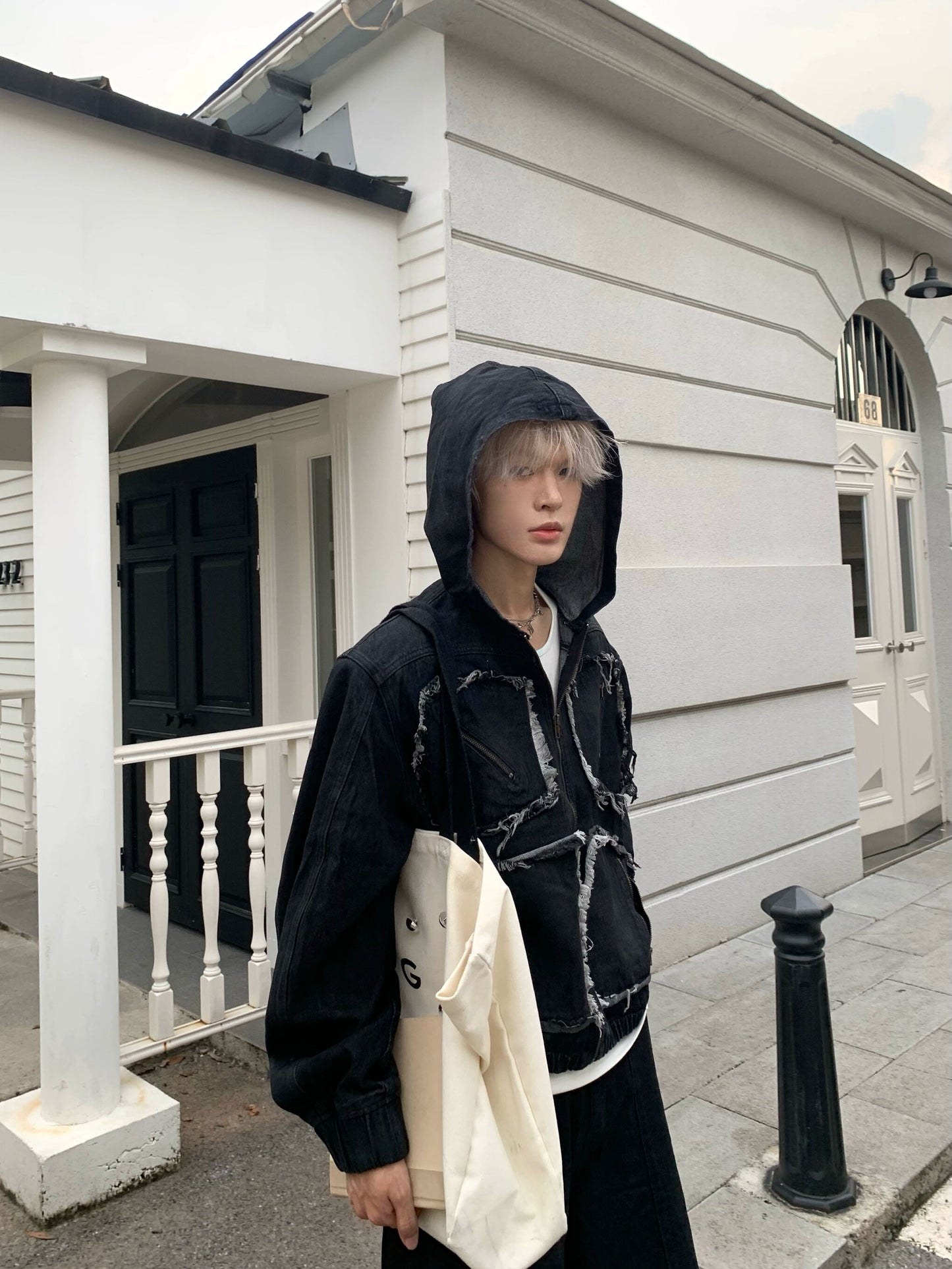 Metal Zipper Panel Denim Jacket & Wide Leg Pants Setup WN19827