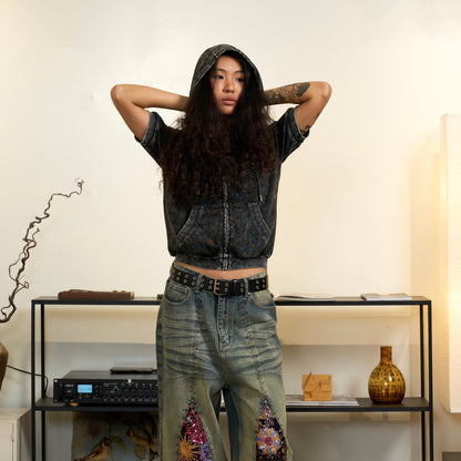 Wash Patch Embroidery Zipper Short Sleeve Hoodie WN18937