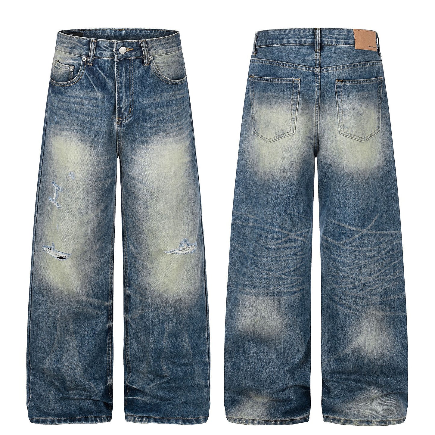 Washed Whisker Damage Wide Leg Denim Jeans WN26008