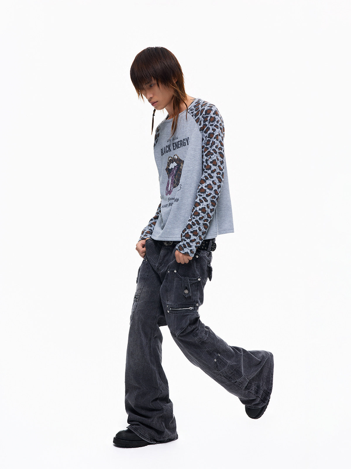 Waffle Leopard Patchwork Print Long Sleeve T-Shirt WN27348