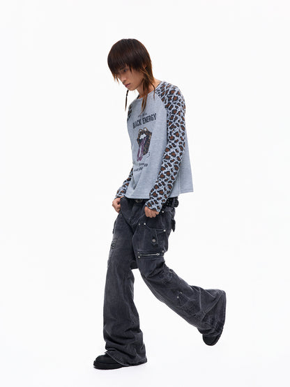 Waffle Leopard Patchwork Print Long Sleeve T-Shirt WN27348