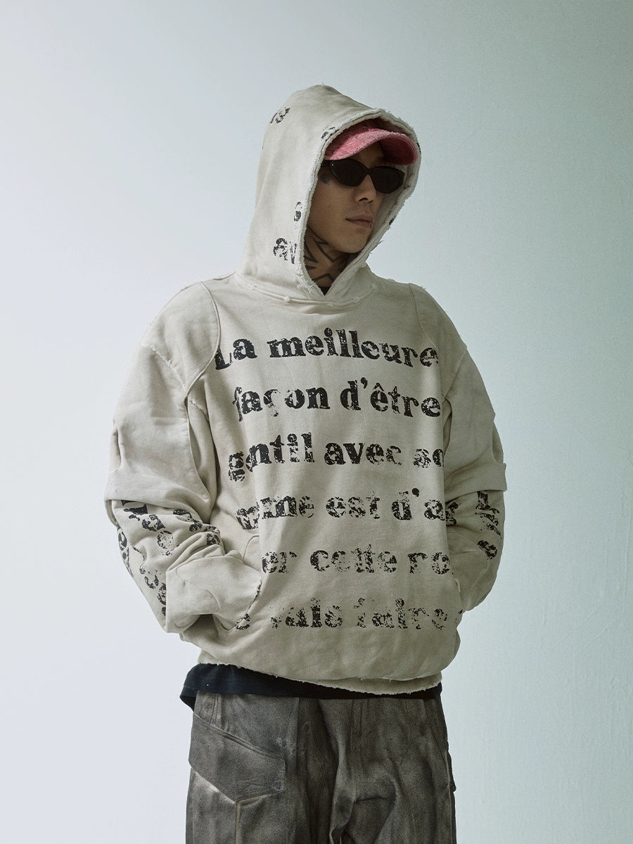 Double-Layered Heavyweight Mud-Dyed Graphic Oversize Hoodie WN12204