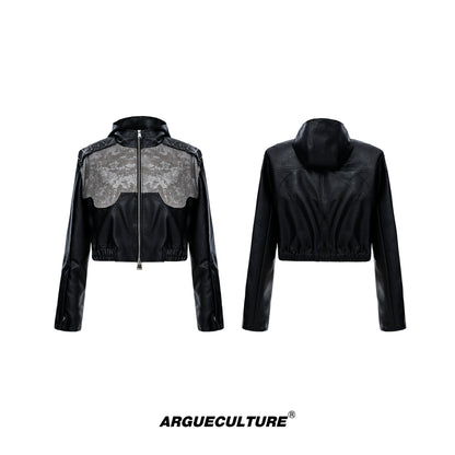 Shoulder Pad PU Leather Short Hooded Jacket WN8665