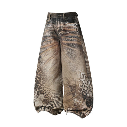 Leopard Print Patchwork Wide Leg Denim Jeans WN27839