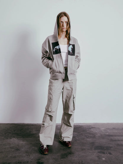 Horse Print Spray-Dye Zipper Hoodie WN19035