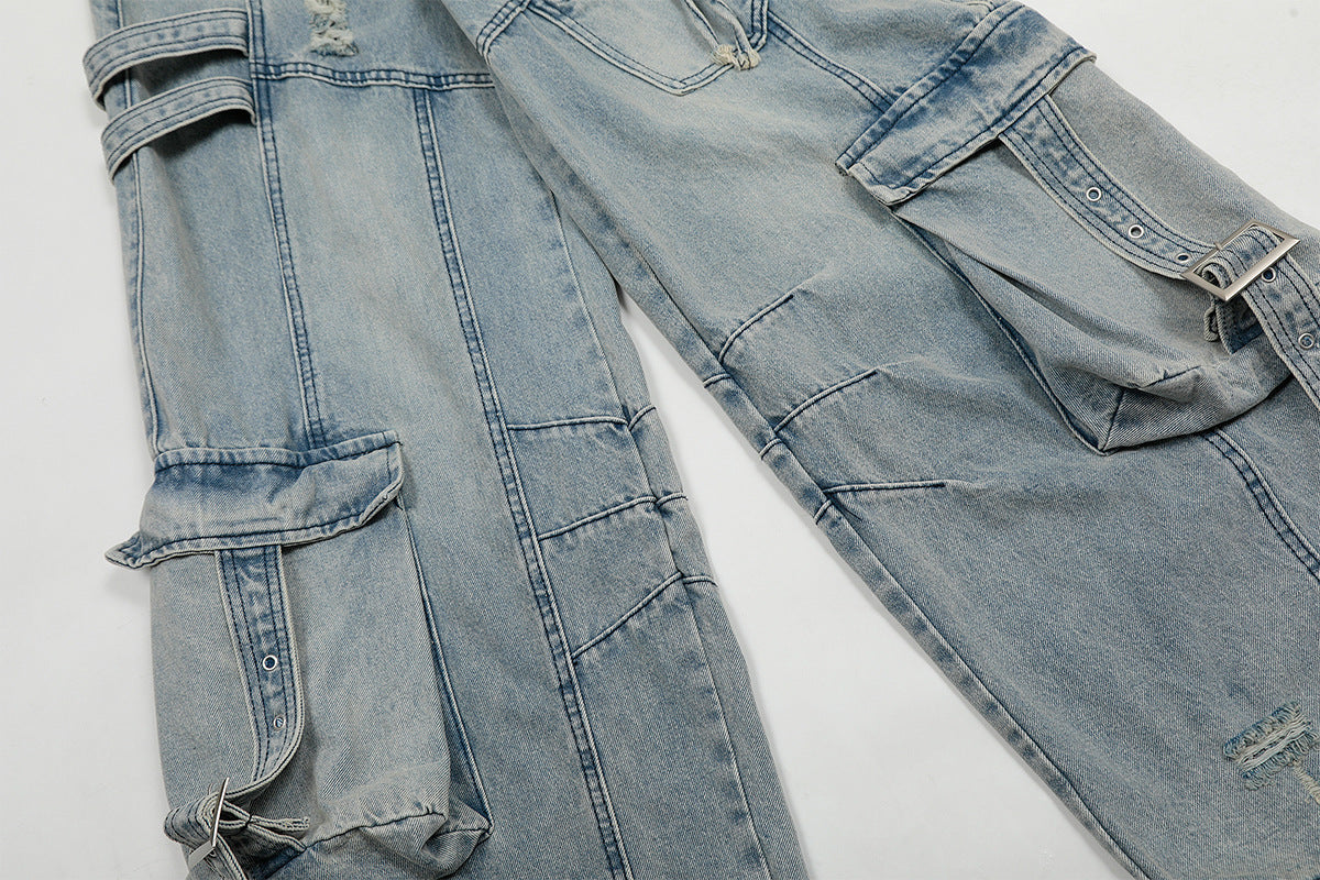 Washed Curved Multi Pocket Wide Leg Cargo Denim Jeans WN25736