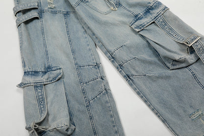 Washed Curved Multi Pocket Wide Leg Cargo Denim Jeans WN25736