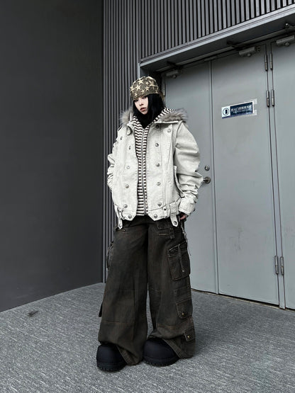 Washed Multi Pocket Wide Leg Cargo Pants WN24152