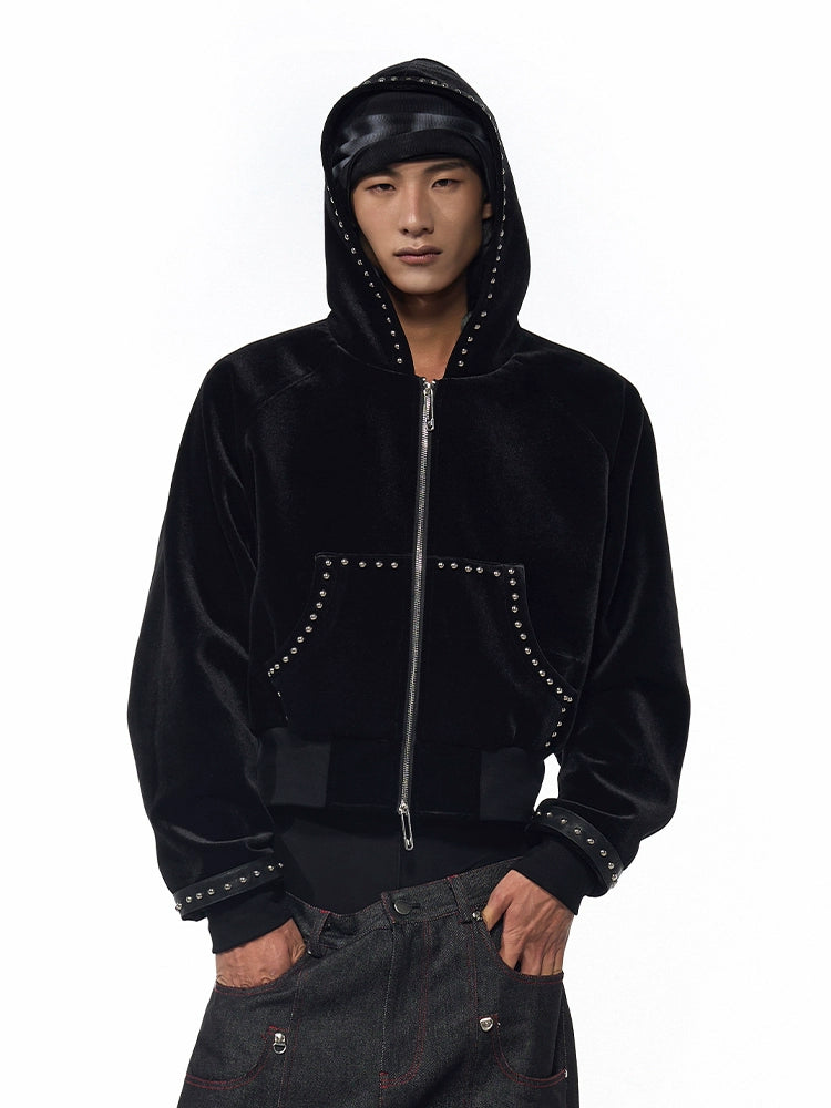 Beads Velour Zipper Hooded Jacket WN18778