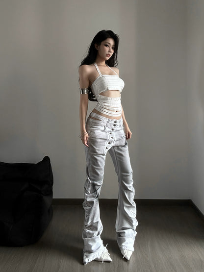 Washed Whisker Straight Denim Jeans WN20895