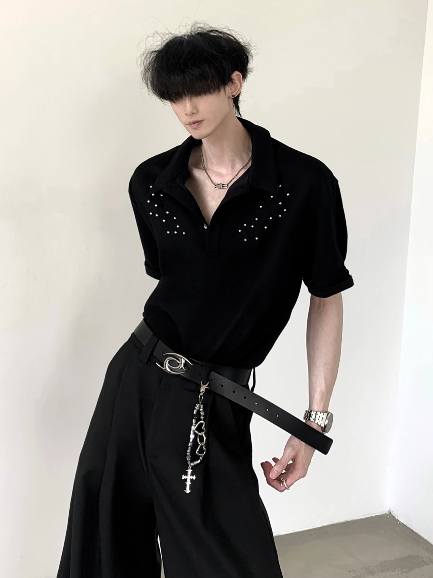 Studs Design Plain Collar Oversize Short Sleeve Polo Shirt WN20358