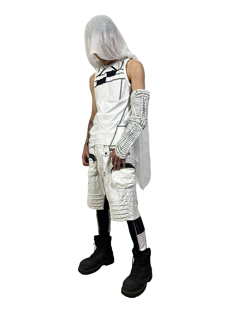 Faded Washed Hollow-Out Strap Mecha Arm Warmer WN21981