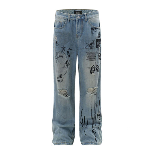 Washed Print Denim Jeans WN12758