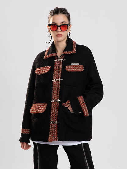 Herringbone Plaid Embroidery Oversize Jacket WN10078