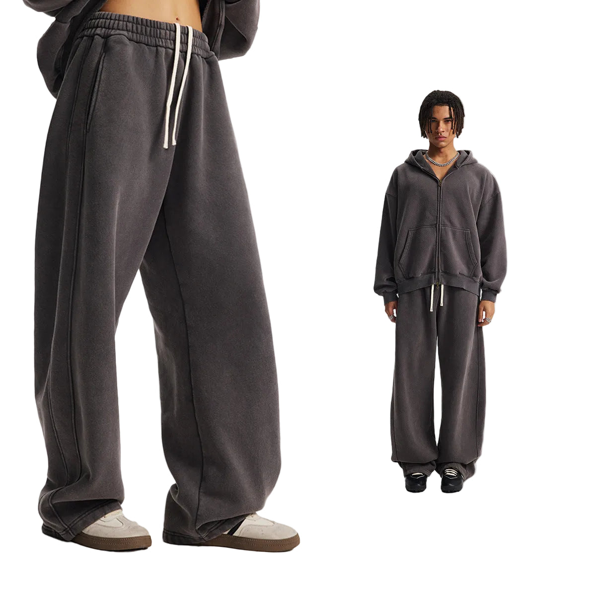Fleece Lining Zip-Up Wax Dye Zipper Hoodie & Wide Leg Pants Sweatpants WN23112