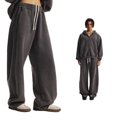 Fleece Lining Zip-Up Wax Dye Zipper Hoodie & Wide Leg Pants Sweatpants WN23112