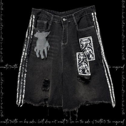 Stripe Damage Patch Denim Half Jeans & Skull Belt WN23792