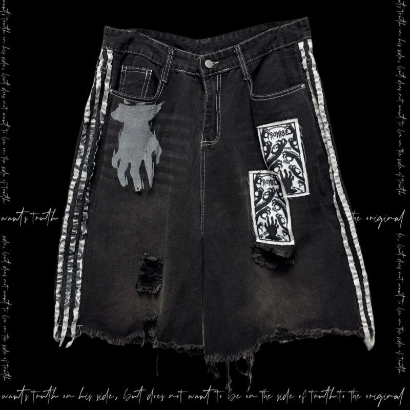 Side Stripe Damage Patch Wide Leg Half Denim Jeans & Skull Belt WN20106