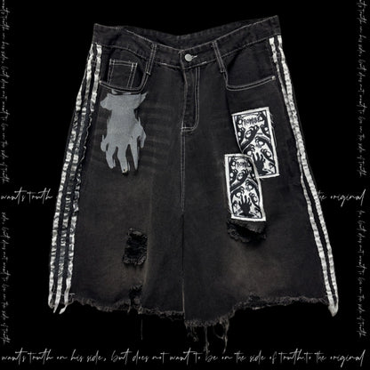 Side Stripe Damage Patch Wide Leg Half Denim Jeans & Skull Belt WN20106