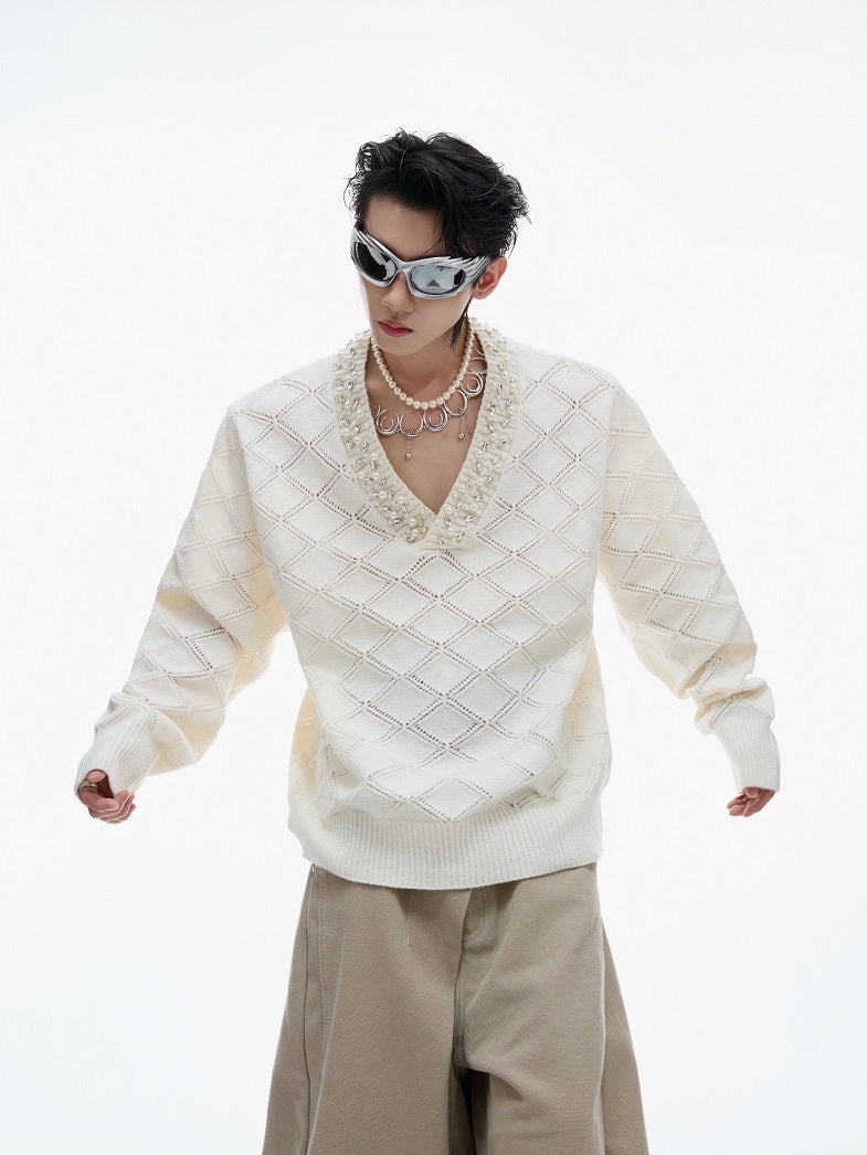 Diamond Decor Argyle V-Neck Knit Sweater WN21219