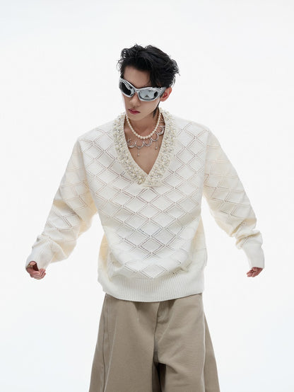 Diamond Decor Argyle V-Neck Knit Sweater WN21219
