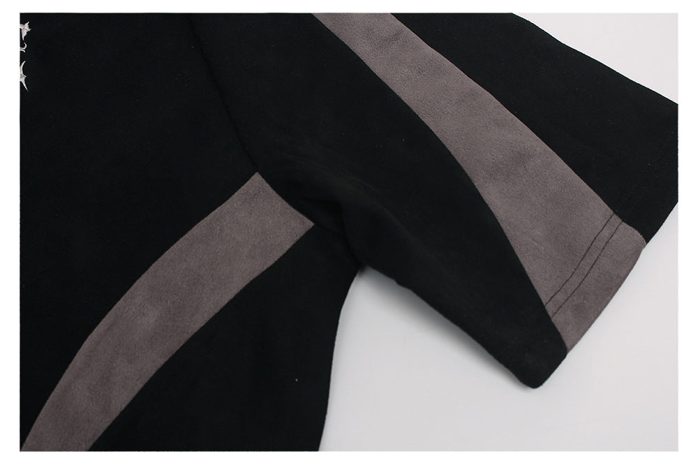 Heavyweight Suede Panel Embroidery Short Sleeve T-Shirt WN26494