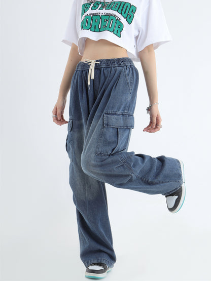 Draw Cord Wide-Leg Straight Cargo Denim Jeans WN7181