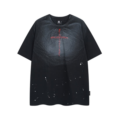 Ink Splash Letter Embroidery Oversize Short Sleeve T-Shirt WN15073