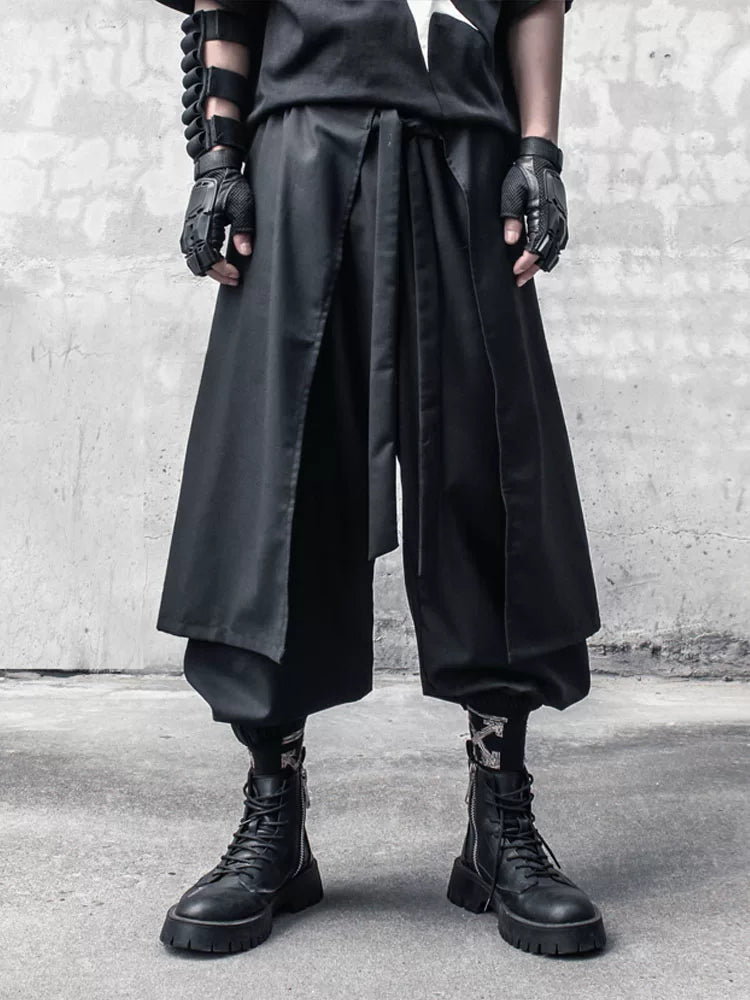 Fake Layered Ribbon Strap Cropped Wide Leg Pants WN22489