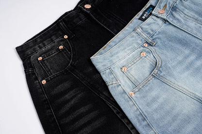 Deconstruction Curved Panel Wash Wide Leg Denim Jeans WN27930