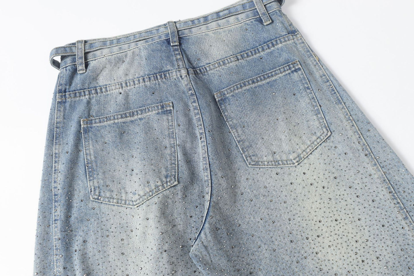 Rhinestone Drawstring Wide Leg Denim Jeans WN25560