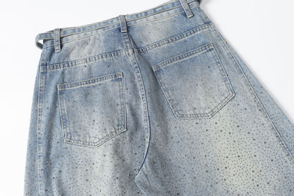 Rhinestone Drawstring Wide Leg Denim Jeans WN25560