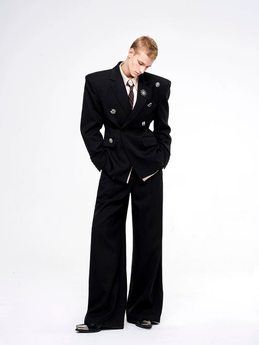 Shoulder-Pad Metal Brooch Tailored Jacket & Trousers Setup WN21796