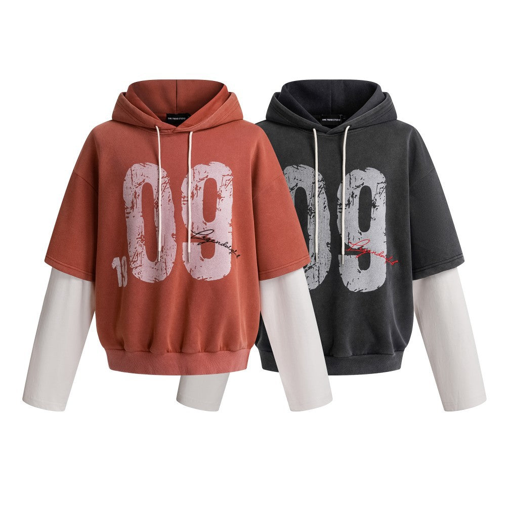 Washed Fake Layered Number Graphic Hoodie WN28120