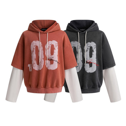 Washed Fake Layered Number Graphic Hoodie WN28120