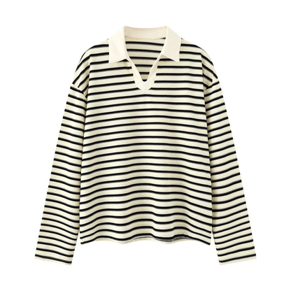 Stripe Polo-Collar Knit Long Sleeve Polo Shirt WN21448