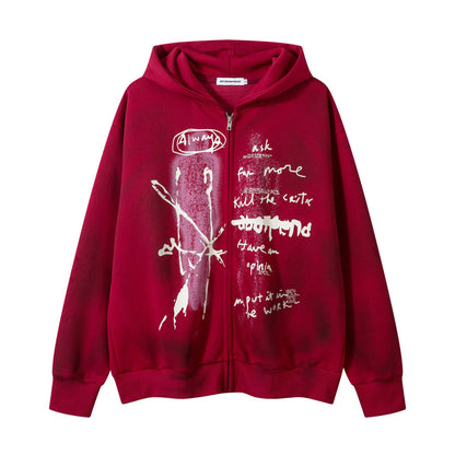 Washed Spray-Paint Design Oversize Zipper Hoodie WN11168