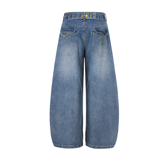 Washed Logo Embroidery Wide Leg Denim Jeans WN25548