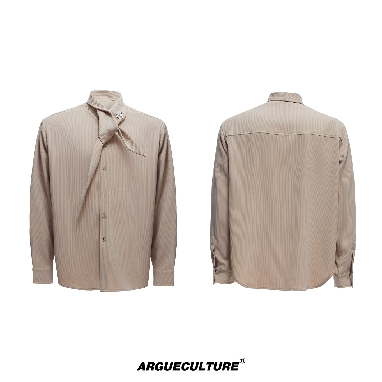 Ribbon Tie Shoulder-Pad Long Sleeve Shirt & Wide Leg Pants Setup WN20528