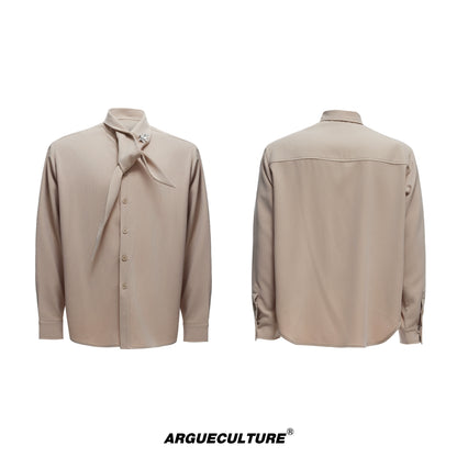 Ribbon Tie Shoulder-Pad Long Sleeve Shirt & Wide Leg Pants Setup WN20528