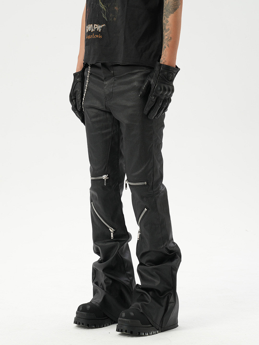 Multi Zipper Coated Flare Denim Jeans WN24335