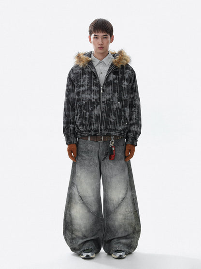 Tie-Dye Fake Fur-Collar Hooded Jacket WN22115